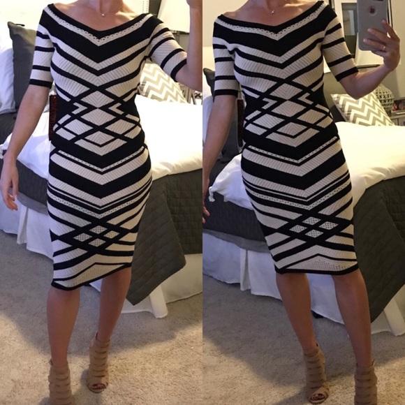 NWT WOW COUTURE B&W OFF SHOULDER KNIT DRESS - S - Picture 2 of 7